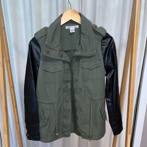 Sans Souci Olive Utility Jacket with Faux Leather Sleeves - Size Small